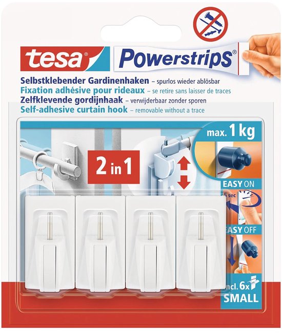 Tesa Powerstrips gordijnhaken wit 4 haken + 6 strips