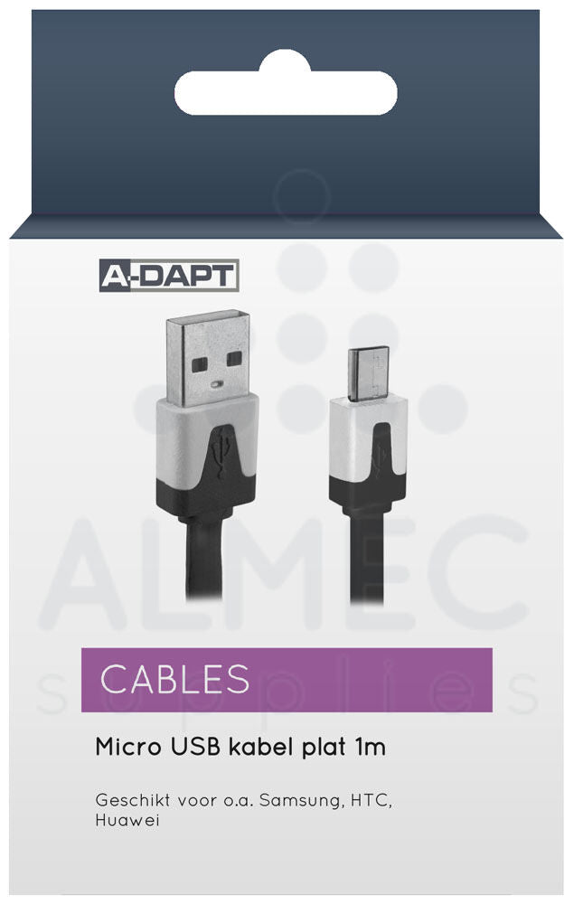 A-DAPT Data en laadkabel USB-A Naar Micro USB - 1M - Zwart