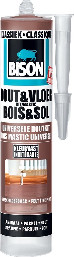 Bison Hout&Vloer klassiek koker 300 ml, voor parket, laminaat, planken, kurken, PVC, kleurvast, schuurbaar, elastisch, hoogwaardige afdichtingskit, voor voegen en opvullen