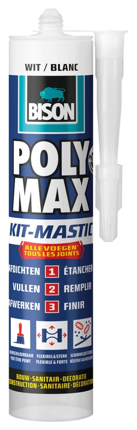 Bison Poly Max Kit wit koker 280 ml, alles in 1 kit, waterdichte afdichting, universeel, binnen en buiten, overschilderbaar, vullend, krimpvrij, temperatuurbestendig van - 40°C tot + 100°C