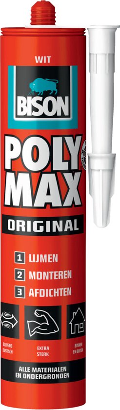 Bison Poly Max Original wit koker 425g, montagelijm, lijmen, monteren en afdichten,unieke SMP technologie, oplosmiddelvrij, binnen en buiten, vrijwel alle ondergronden